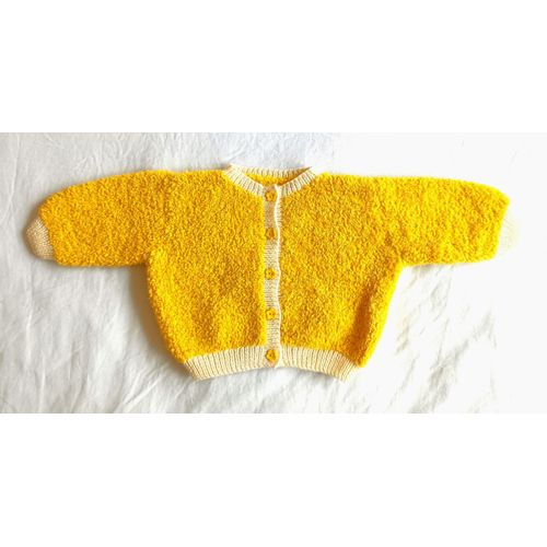 Gilet Jaune A Boutons Fleur. Fait Main. Laine. Taille 1 Mois