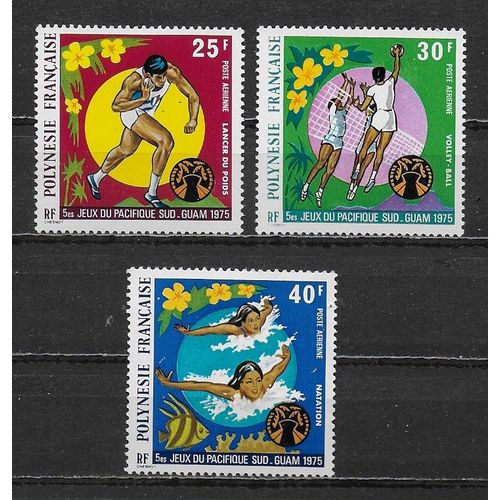 Polynesie Francaise Poste Aerienne 1975 : 5è Jeux Sportifs Du Pacifique-Sud : Lancer Du Poids/Volley-Ball/Natation : Série Entière De 3 Timbres À 95 F. Neufs ** Cote 24 Euros