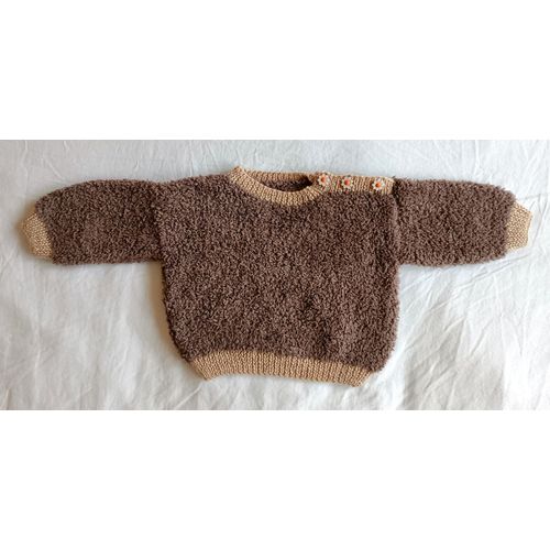 Pull Marron A Boutons Fleur. Fait Main. Laine. Taille 1 Mois