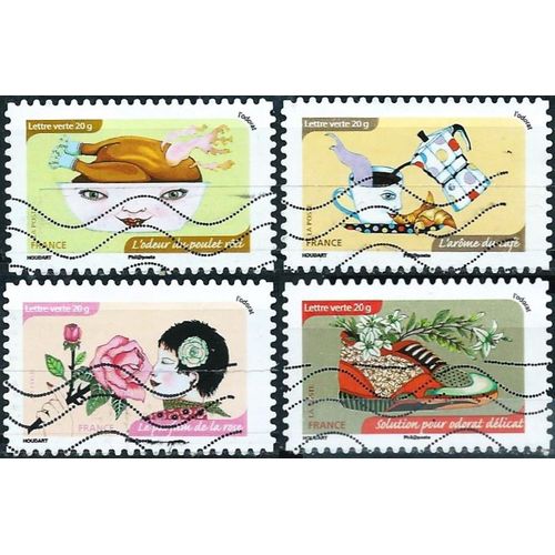 France 2014, Séries "Les Sens", L'odorat, Beaux Timbres Yvert 1035 L'odeur Du Café, 1041 L'odeur Du Poulet Roti, 1042 Le Parfum De La Rose Et 1038 Solution Pour Odorat Délicat, Oblitérés, Tbe.