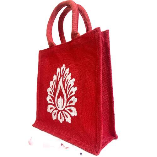 Sac Toile de jute ROUGE , 26x26 cms laminé , logo "Lotus" sur les 2 côtés , anse 26 cms ronde