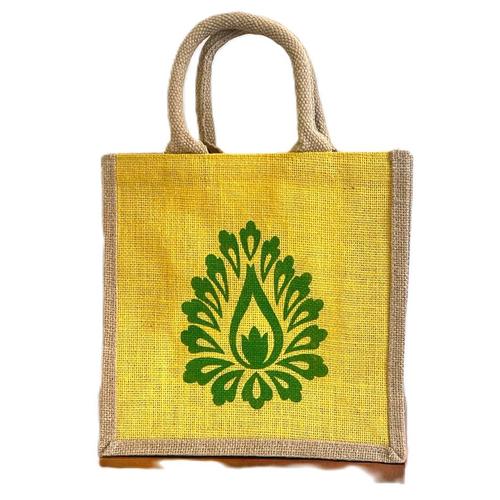 Sac Toile de jute JAUNE, 26x26 cms laminé , logo "Lotus" sur les 2 côtés , anse 26 cms ronde