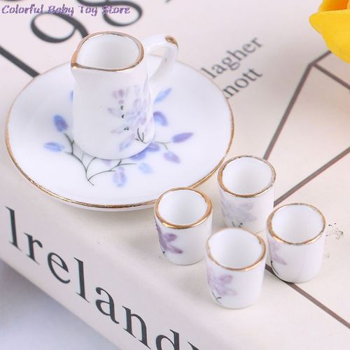 Ensemble De Tasses À Thé Pour Maison De Poupée, Assiette À Motif De Fleurs, Pot Miniature, Porcelaine Imprimé De Fleurs En Céramique, Échelle 1/6