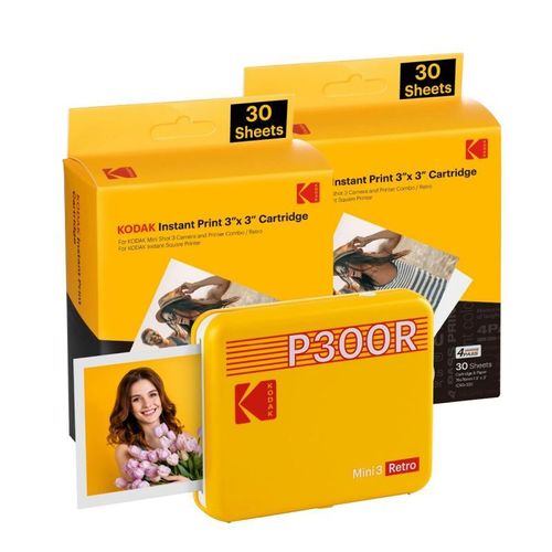 Bundle Mini imprimante connectée KODAK Mini 3 Retro Instant Square Jaune - format carré 3x3" - Bluetooth