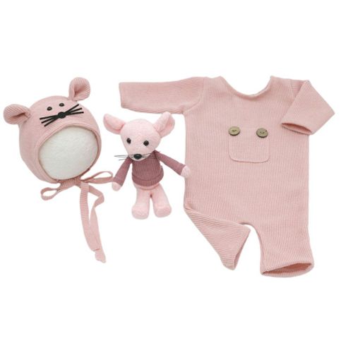 Combinaison Tricotée En Coton Pour Nouveau-Né,Ensemble D'Accessoires De Photographie, Bonnet En Souris, Pour Séances Photo, Vêtements Poupée 3 Pièces,