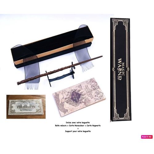 Baguette Wand Hermione Métal/Résine+Boite + 2 Cartes + Support Baguette