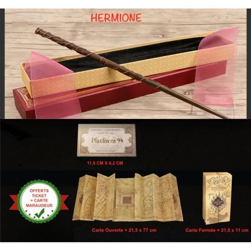 Baguette Hermione Harry Potter Métal/Résine + Carte Hogwarts + Carte Maraudeur
