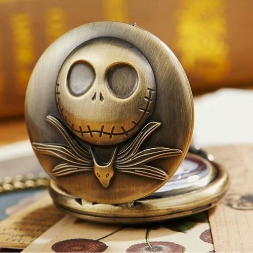 Montre-Pendentif - Etrange Noel De Mr Jack - Tête Ronde Antique - Acier Argenté - 80 Cm Chaîne - 4,6 Cm Cadran