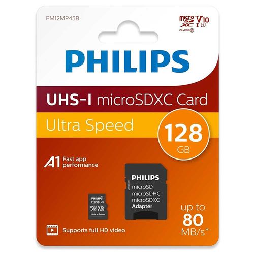 Carte Mémoire Philips Micro SDXC 128Go Ultra Speed Vitesse de Lecture jusqu'à 80Mo/s, A1 Fast App Performance, V10, avec Adaptateur SD UHS-I, pour Smartphones, Tablette, PC, vidéo Full HD
