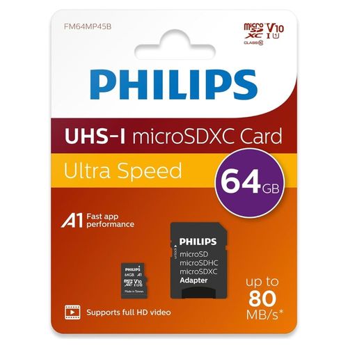 Carte Mémoire Philips Micro SDXC 64Go Ultra Speed Vitesse de Lecture jusqu'à 80Mo/s, A1 Fast App Performance, V10, avec Adaptateur SD UHS-I, pour Smartphones, Tablette, PC, vidéo Full HD