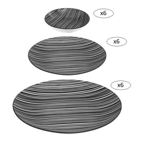 Service De 18 Assiettes En Porcelaine "Bohemia" À Motif Zébré - Noir/Blanc - D 26,6/20/19 Cm
