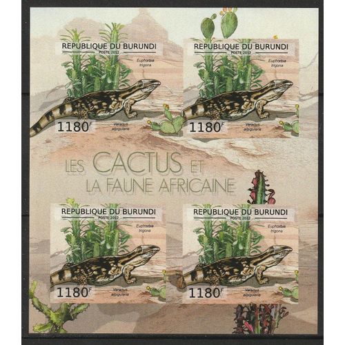 Bloc Neuf** De 4 Timbres Burundi Non Dentelés 2012 N° 2788 "Les Cactus Et La Faune Africaine" Euphorbia Trigona Et Varanus Albigularis