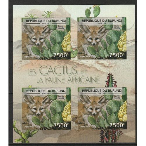 Bloc Neuf** De 4 Timbres Burundi Non Dentelés 2012 N° 2792 "Les Cactus Et La Faune Africaine" Opuntia Robusta Et Fennec.