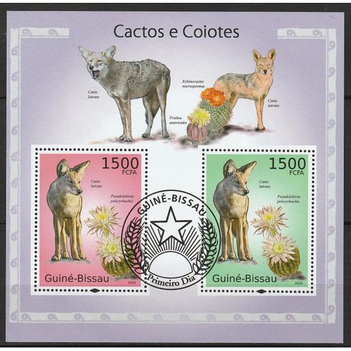 Bloc Oblitéré 1er Jour De 2 Timbres Guinée Bissau 2010 N° 865 Michel "Cactus Et Coyote" Canis Latrans +Pseudolobivia Pelecyrhachis.
