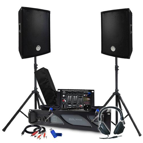 Pack Sono Amplificateur 1000W, Paire d'Enceintes Passives 2x300W, Table de Mixage, Pieds, Casque DJ, Câbles et Micro+Clé 32G