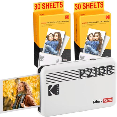 KODAK Pack Mini Imprimante P210 Retro 2 + Cartouche et papier pour 60 photos - Imprimante Connectée Bluetooth - Photos format CB 5,3 x 8,6 cm - Batterie Lithium - Sublimation Thermique 4Pass - Blanc