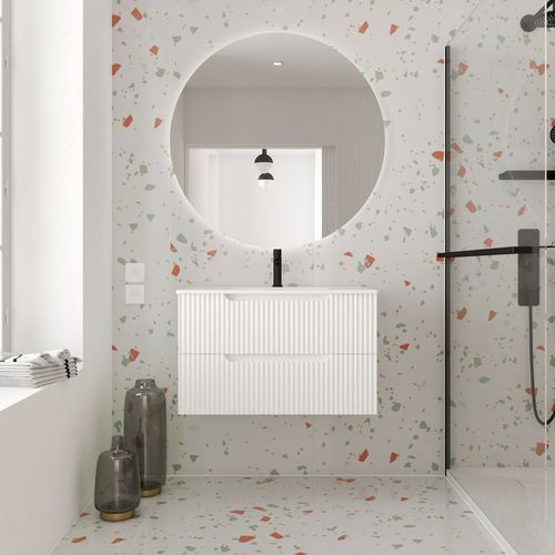 Meuble De Salle De Bains 80cm Blanc Neige - 2 Tiroirs En Mdf Ondulés - Vasque À Encastrer Blanche