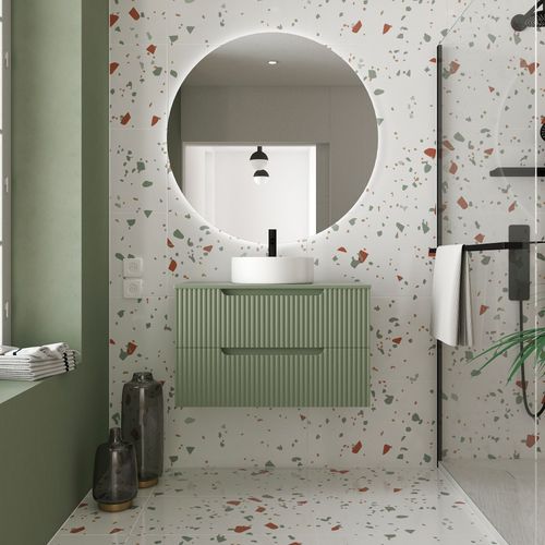Meuble De Salle De Bains 80cm Vert Olive - 2 Tiroirs En Mdf Ondulés - Vasque Ronde Ø36cm