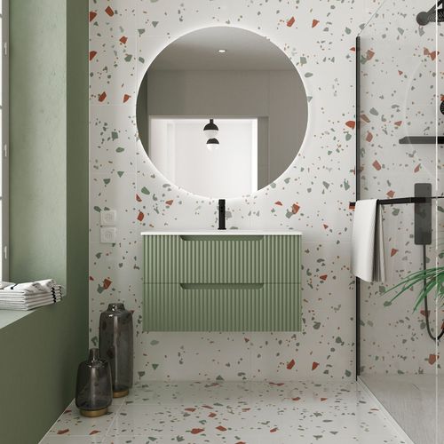Meuble De Salle De Bains 80cm Vert Olive - 2 Tiroirs En Mdf Ondulés - Vasque À Encastrer Blanche