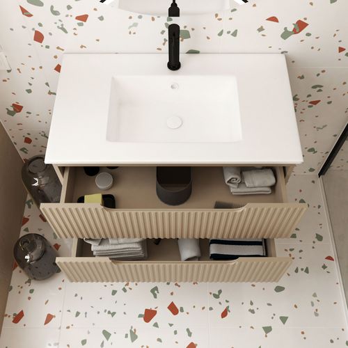 Meuble De Salle De Bains 80cm Marron Glace - 2 Tiroirs En Mdf Ondulés - Vasque À Encastrer Blanche