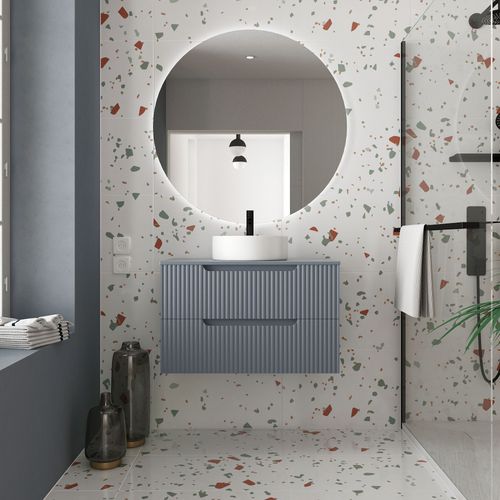 Meuble De Salle De Bains 80cm Gris Souris - 2 Tiroirs En Mdf Ondulés - Vasque Ronde Ø36cm