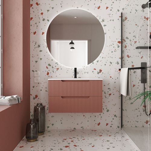 Meuble De Salle De Bains 80cm Terracotta - 2 Tiroirs En Mdf Ondulés - Vasque À Encastrer Blanche