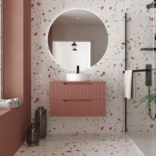 Meuble De Salle De Bains 80cm Terracotta - 2 Tiroirs En Mdf Ondulés - Vasque Ronde Ø36cm