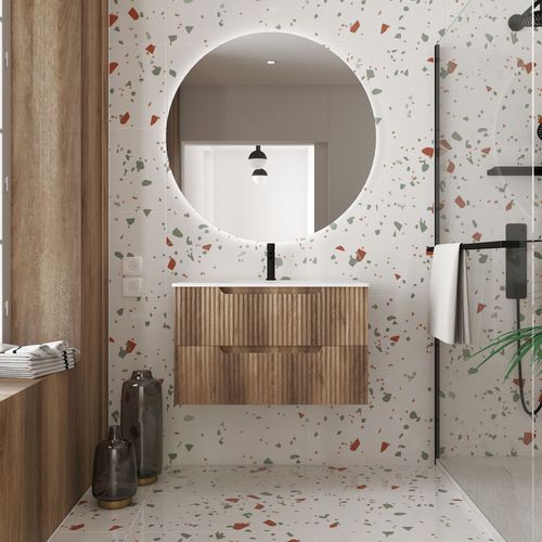 Meuble De Salle De Bains 80cm Décor Bois - 2 Tiroirs En Mdf Ondulés - Vasque À Encastrer Blanche