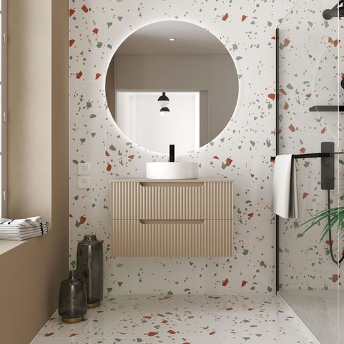 Meuble De Salle De Bains 80cm Marron Glace - 2 Tiroirs En Mdf Ondulés - Vasque Ronde Ø36cm