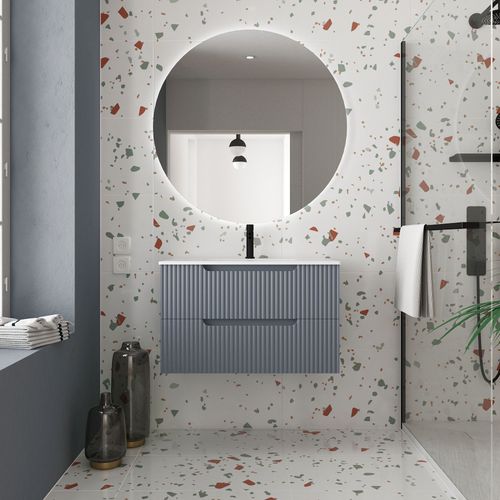 Meuble De Salle De Bains 80cm Gris Souris - 2 Tiroirs En Mdf Ondulés - Vasque À Encastrer Blanche