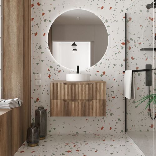 Meuble De Salle De Bains 80cm Décor Bois - 2 Tiroirs En Mdf Ondulés - Vasque Ronde Ø36cm