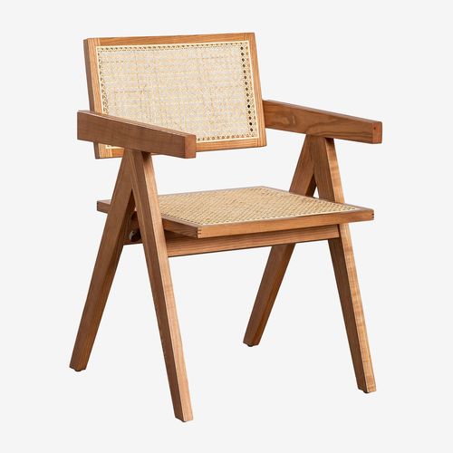 Pack De 4 Chaises De Salle À Manger Avec Accoudoirs En Bois De Frêne Et Rotin Lali Marron Cendré
