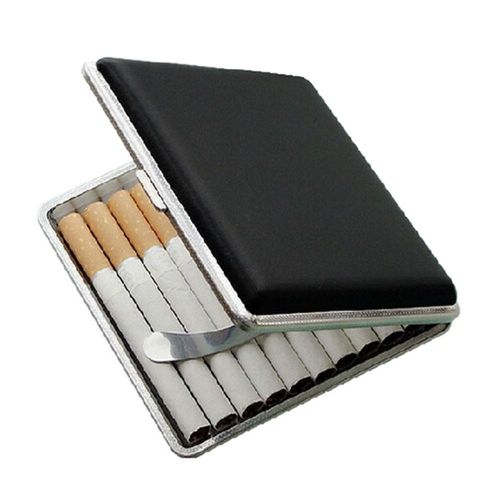 Boîte de rangement de cigarettes en similicuir noir, cadre métallique, étui de haute qualité, conteneur pour briquet, contient des étuis de cigarettes de 84mm