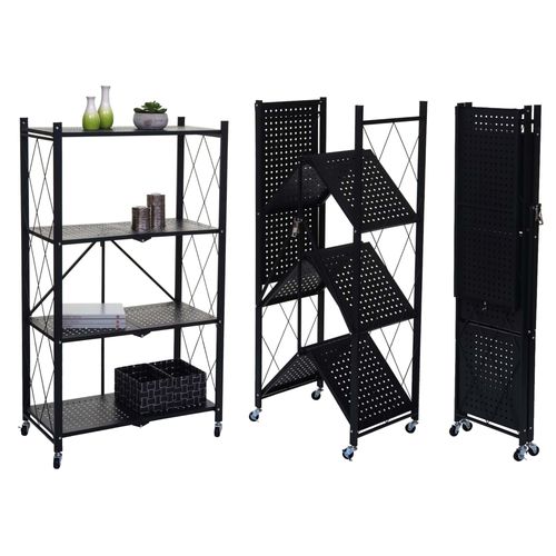 Étagère Hwc-J85, Étagère Sur Pied Étagère De Salon, Pliable/Repliable Acier   Noir, 4 Niveaux