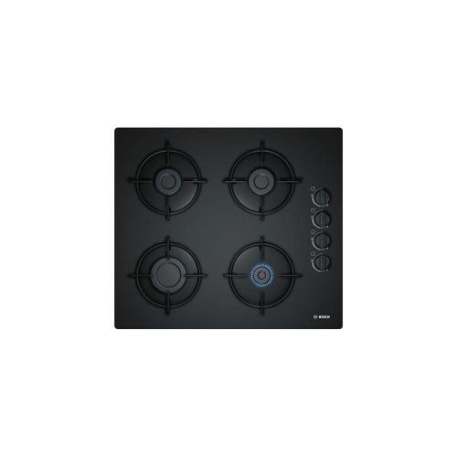 BOSCH Table de Cuisson Gaz Verre 59cm 4 Bruleurs avec Foyer Rapide 3000W Supports Emaillés Noir