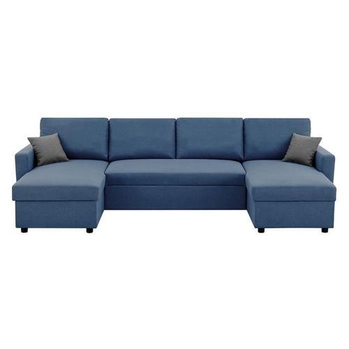 Canapé D'angle Convertible Panoramique + 2 Coffres De Rangement + 2 Coussins - Tissu Bleu - L 300 X P 148 X H 83 Cm - Owens