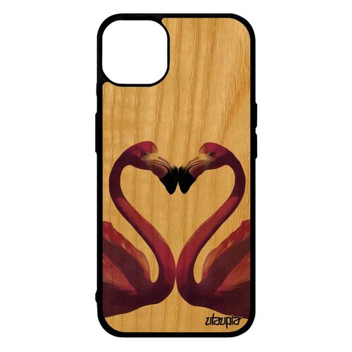 Coque Iphone 14+ Plus Vrai Bois Veritable Silicone Flamand Rose Originale Rigide Love Unique Design Romantique Portable Violet