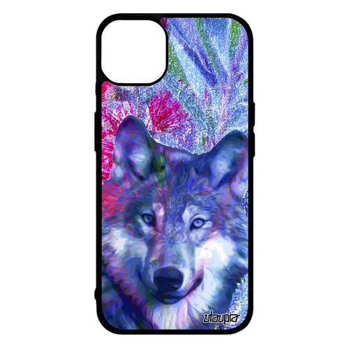 Coque Loup Iphone 14+ Plus Silicone Animaux Predateur Original Design Antichoc Bête Sauvage Animal Rose Fleurs Dessin Nature