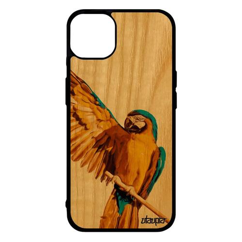 Coque Bois Silicone Iphone 14+ Plus Perroquet Telephone Animal Perruche Oiseau Animaux Mobile Originale Jaune Jolie Design De