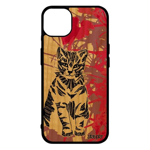 Coque Bois Iphone 14+ Plus Silicone Chat Azteque Mignon Dessin Telephone Rigide Chaton Rose Antichoc Petit Original Animal De