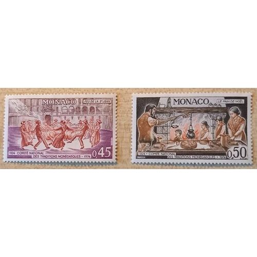 2 Timbres Neufs Monaco De 1975, Comité National Des Traditions Monégasques, Feu De La Saint Jean À 0,45f Et Le Pain De Noël À 0,50f.