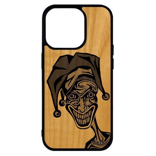 Coque Iphone 14 Pro Bois Silicone Joker Comics Design Bande Dessinée Original Visage Antichoc Gris Clown De Protection Motif