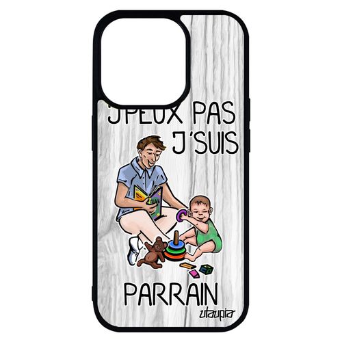 Coque Iphone 14 Pro Max Silicone J'peux Pas J'suis Parrain Texte Je Humoristique Bande Dessinée Original Telephone Rigide Gris