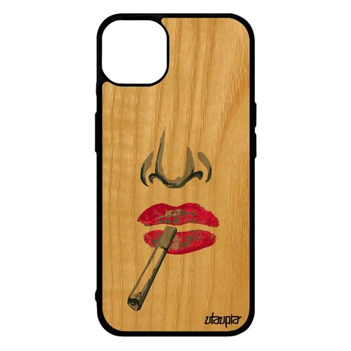 Coque Portrait Iphone 14+ Plus En Bois Silicone Mobile Clope Rose Portable Cigarette Motif Original De Protection Bisou Bouche