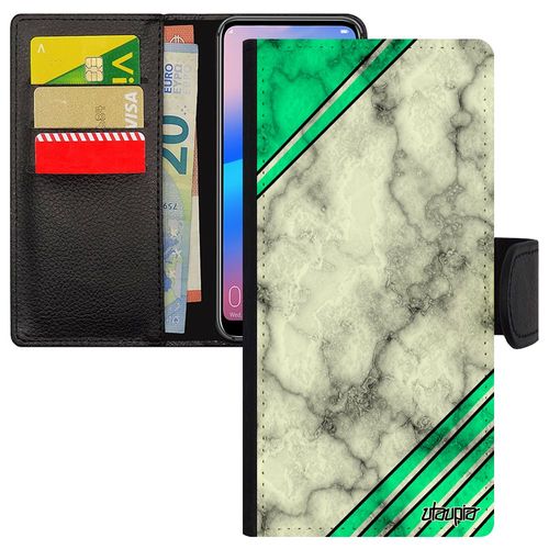 Coque Iphone 14+ Plus À Rabat Marbre De Protection Personnalisé Coloré Triangle Pierre Antichoc Pochette Granite Original Vert