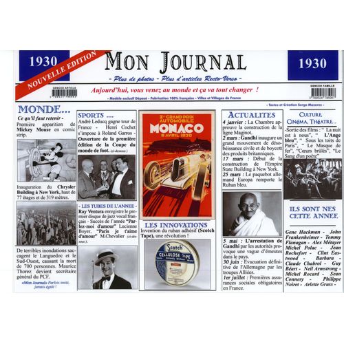 Set De Table Année 1930 - Mon Journal - Plastifié Et Recto-Verso