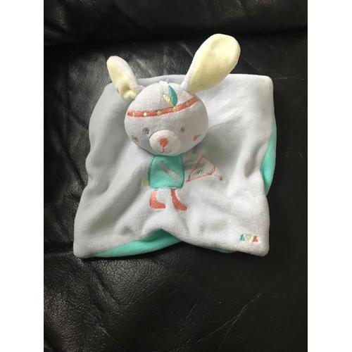 Doudou Plat Lapin Gris Bleu Jaune Indien Sucre D'orge