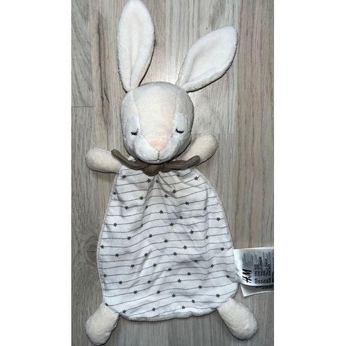 Doudou Lapin H & M Blanc Crème Beige Lignes Étoiles Peluche Jouet Bébé 