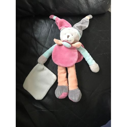 Doudou Et Compagnie Ours Peche Fraise Mouchoir Blanc 30cm