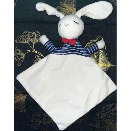 Doudou plat Lapin blanc et rayé bleu marine + anneau ENVIE DE FRAISE